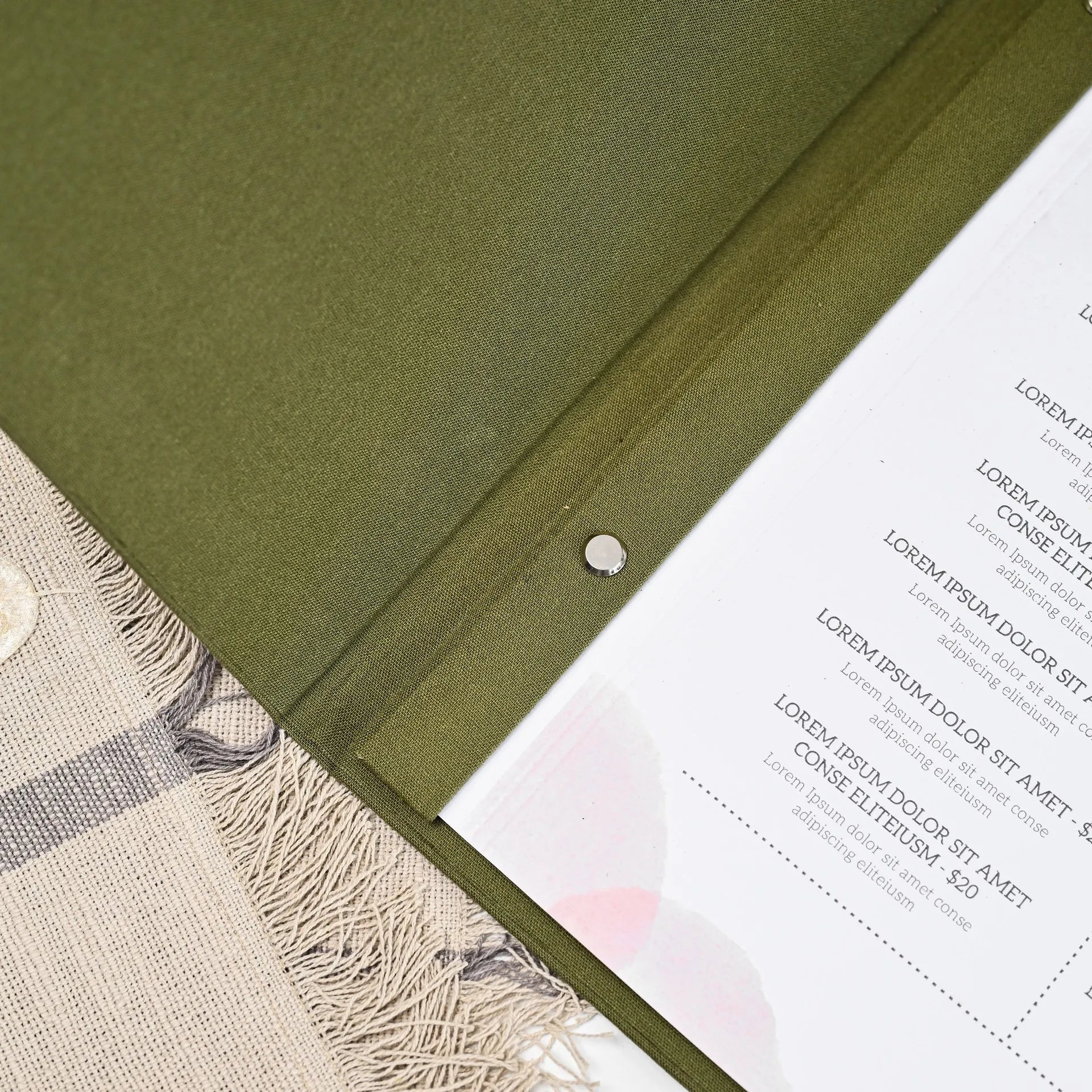 Fabric Menu Cover with sheets attached by Screws and a Plank - inkohoreca-shop